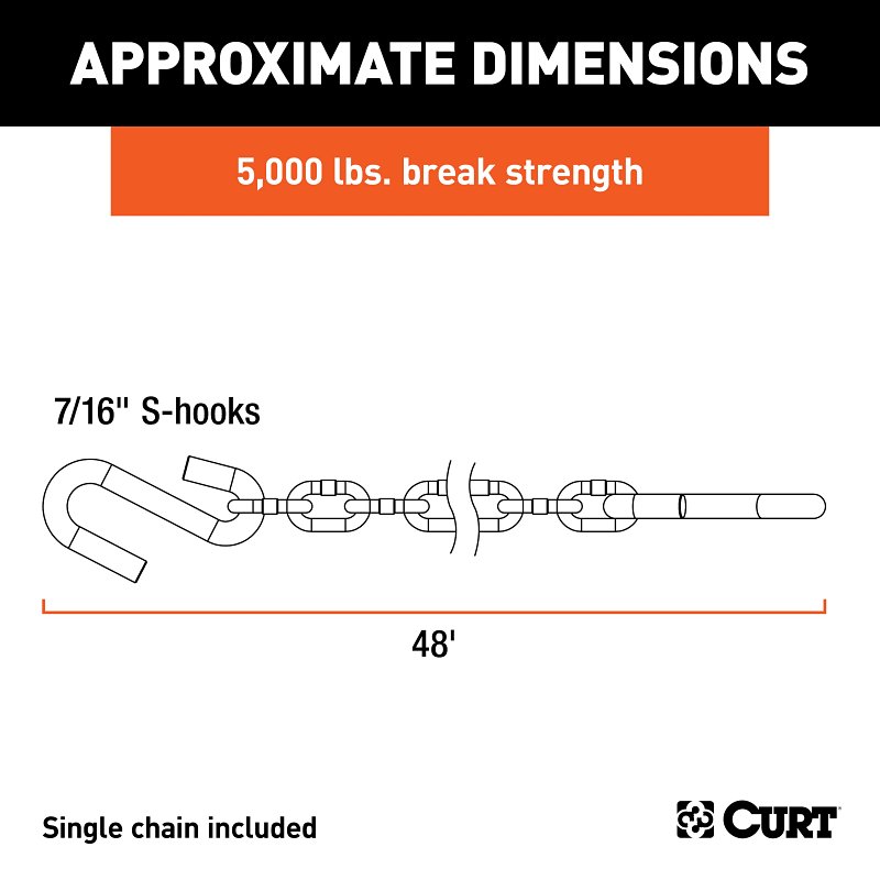 Curt 80031 Safety Chain, 48 in L, 30 Grade, 5000 lb Working Load, Steel, Zinc