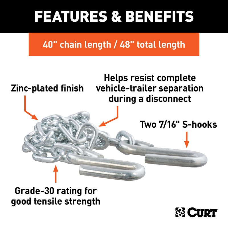 Curt 80031 Safety Chain, 48 in L, 30 Grade, 5000 lb Working Load, Steel, Zinc