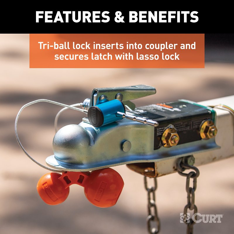 Curt 23082 Tri-Ball Trailer Coupler Lock, Universal Hitch, 1/4 in Dia Pin, 11 in OAL, Polymer