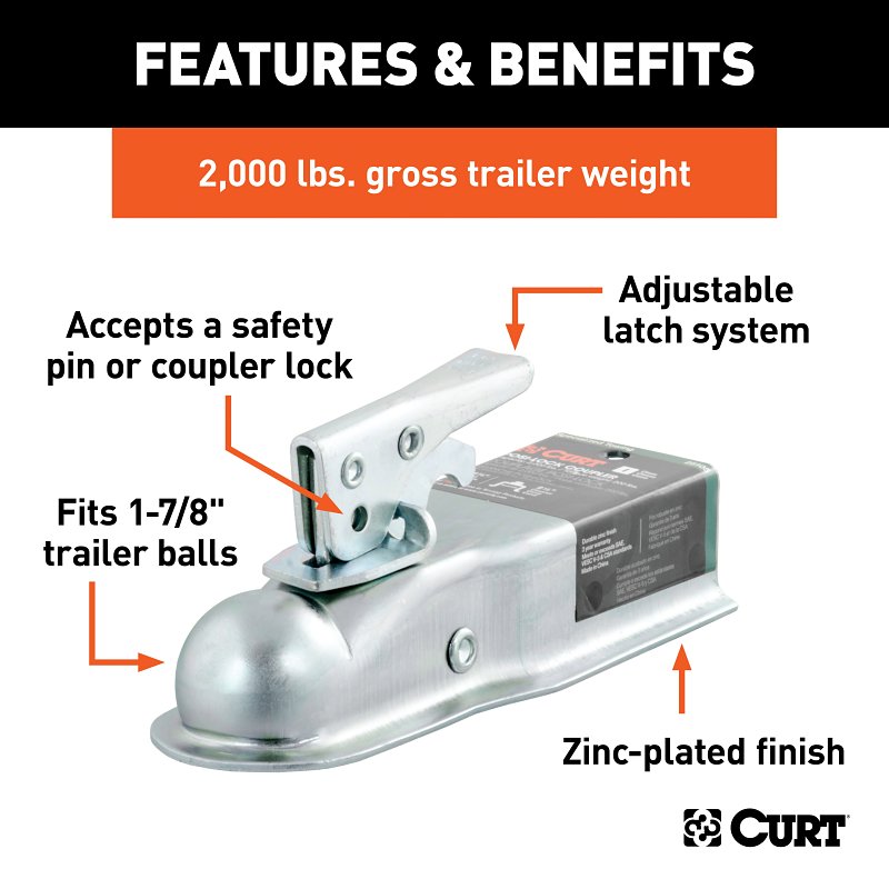 Curt 25105 Trailer Coupler, 2000 lb, 1-7/8 in Ball