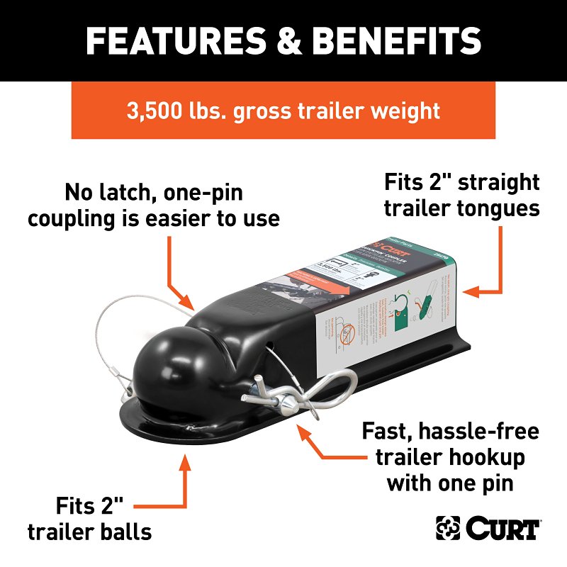 Curt QuickPin Series 25470 No-Latch Trailer Coupler, 3500 lb, 2 in Ball, Powder-Coated, 1 PK