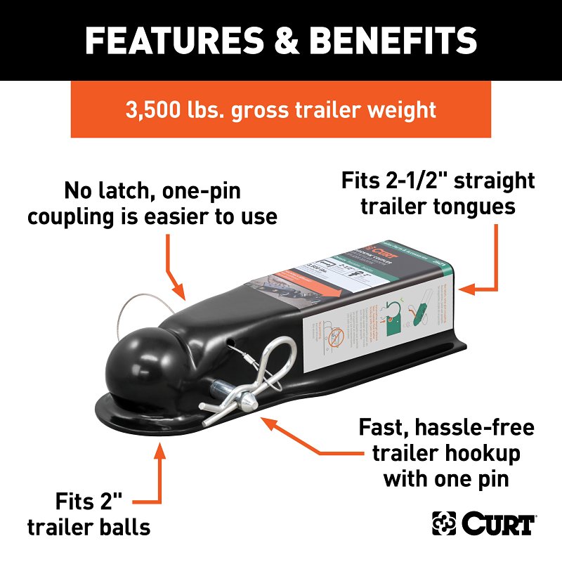 Curt QuickPin Series 25471 No-Latch Trailer Coupler, 3500 lb, 2 in Ball, Powder-Coated