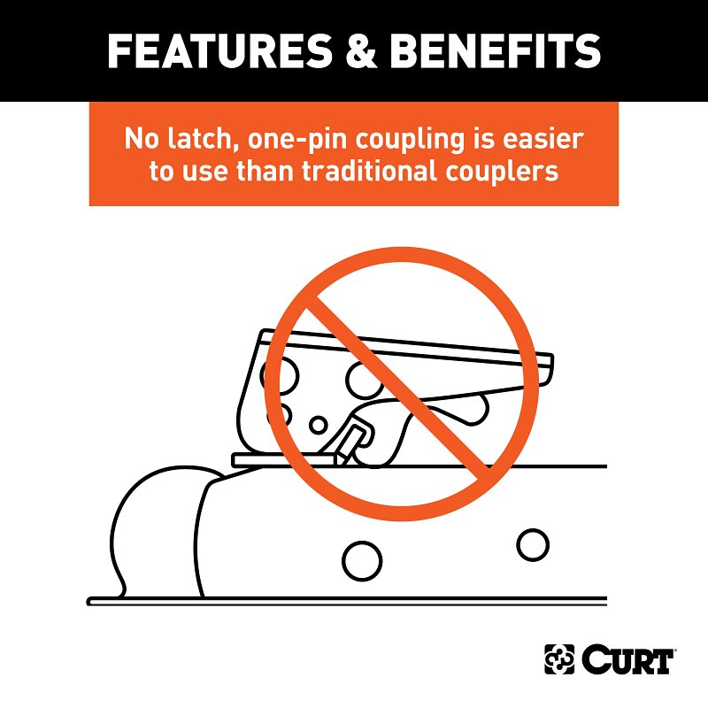 Curt QuickPin Series 25471 No-Latch Trailer Coupler, 3500 lb, 2 in Ball, Powder-Coated