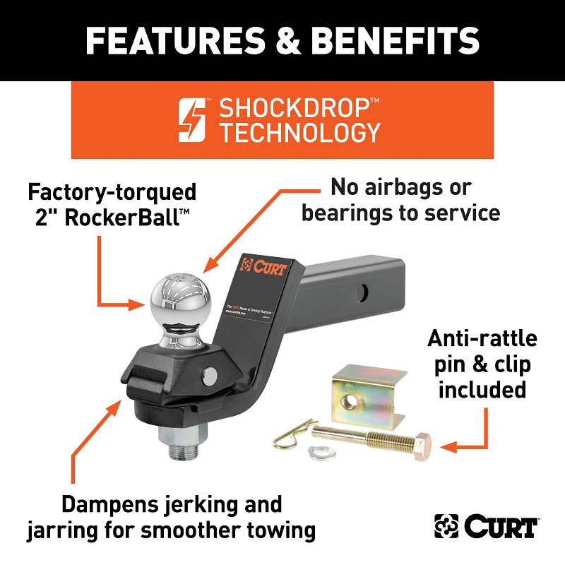 Curt RockerBall Series 45143 Cushion Hitch Kit, 3 in Drop, Class 3, 4, 5 Hitch, 2 in Dia Hitch Ball, Steel
