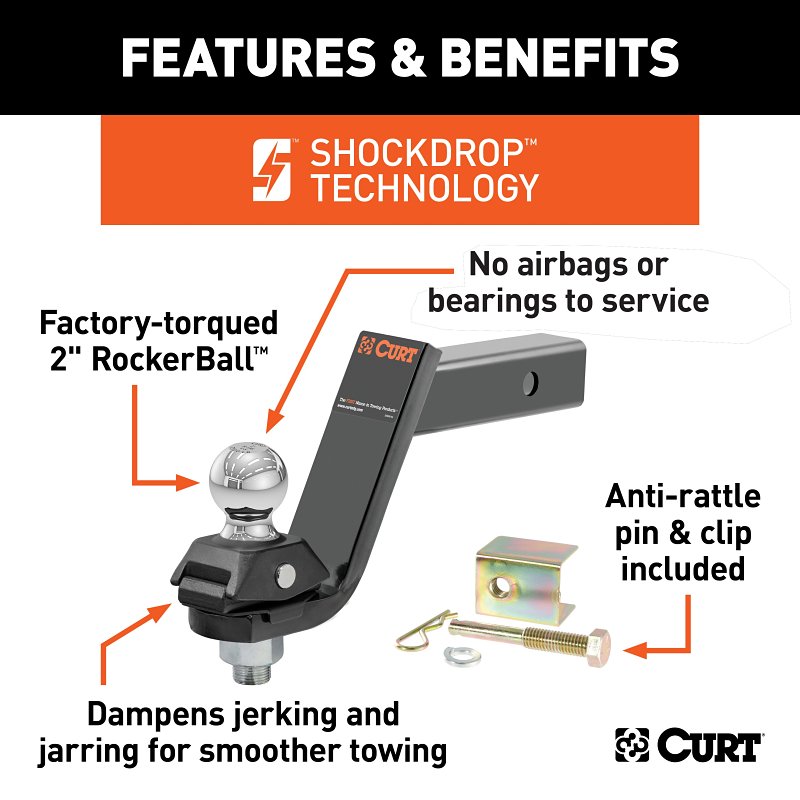 Curt RockerBall Series 45144 Cushion Hitch Kit, 5 in Drop, Class 3, 4, 5 Hitch, 2 in Dia Hitch Ball, Steel