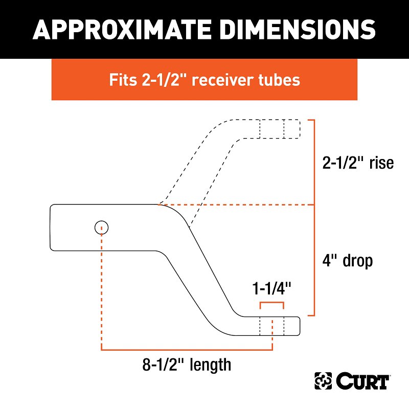 Curt 45458 Ball Mount, 8-1/2 in L, 4 in Drop, 2-1/2 in Rise, Class 5 Hitch, Steel, Carbide