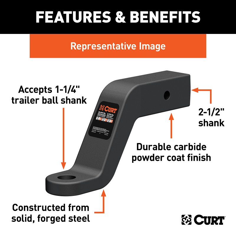 Curt 45458 Ball Mount, 8-1/2 in L, 4 in Drop, 2-1/2 in Rise, Class 5 Hitch, Steel, Carbide