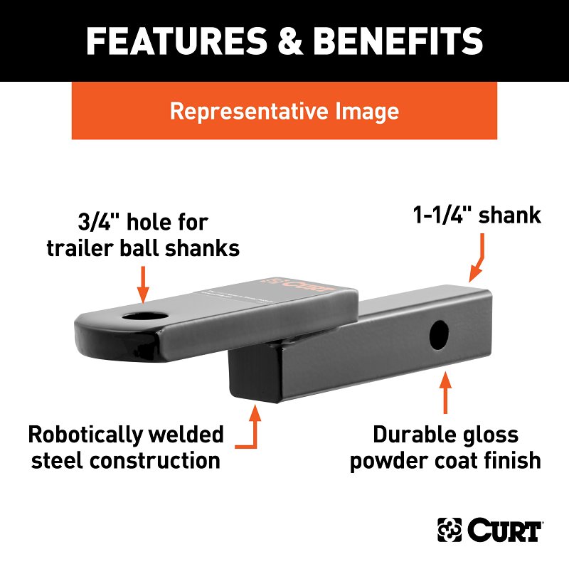 Curt 45519 Ball Mount, 9-3/4 in L, 1-1/4 in Drop, 3/4 in Rise, Class 2 Hitch, Carbon Steel, Powder-Coated