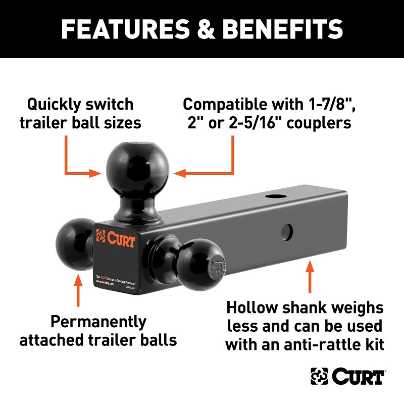 Curt 45651 Multi-Ball Mount, 1-7/8, 2, 2-5/16 in Dia Hitch Ball, Forged Steel, Gloss Powder-Coated