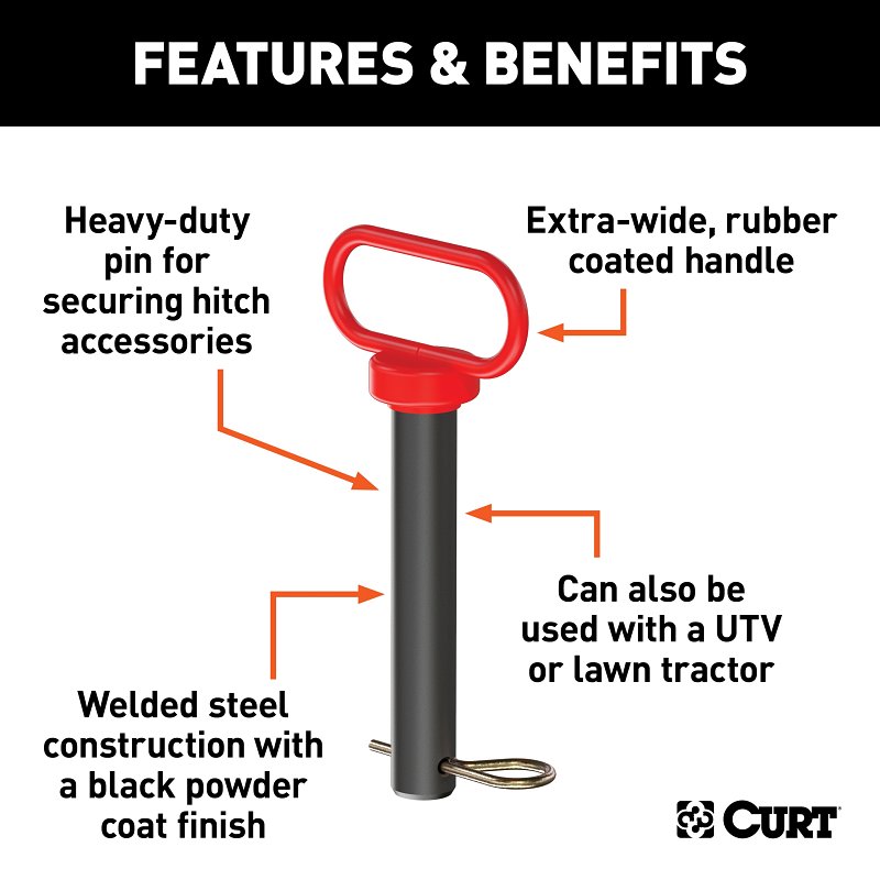 Curt 45803 Clevis Pin with Handle and Clip, 1 in Dia Pin, 2, 2-1/2 in OAL, Steel, Powder-Coated