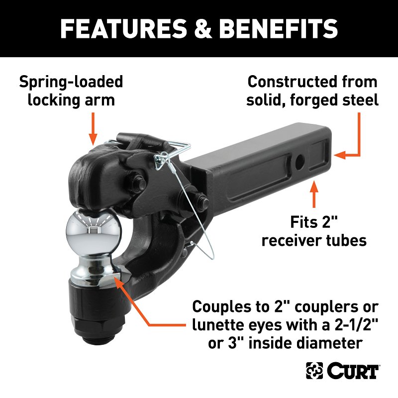 Curt 48007 Ball and Pintle Combination, 10,000 lb, 16,000 lb Working Load, Powder-Coated, 2 in Dia Eye