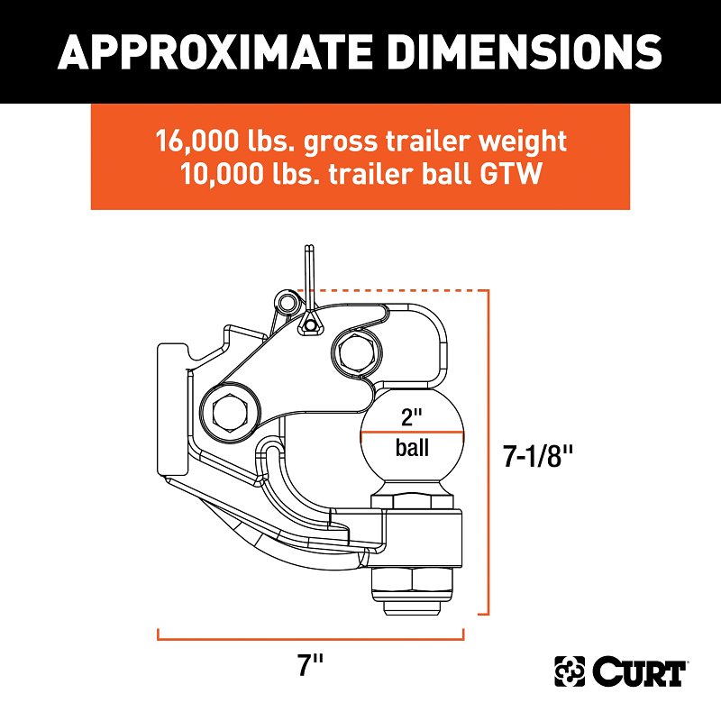 Curt 48190 Ball and Pintle Combination, 10,000 lb, 16,000 lb Working Load, Powder-Coated, 2 in Dia Eye, Steel