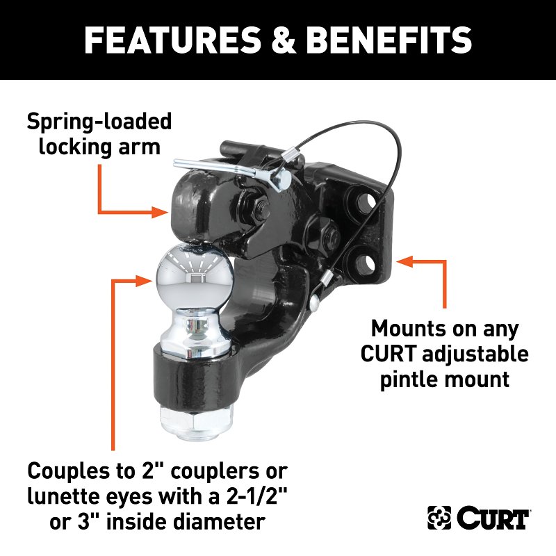 Curt 48190 Ball and Pintle Combination, 10,000 lb, 16,000 lb Working Load, Powder-Coated, 2 in Dia Eye, Steel