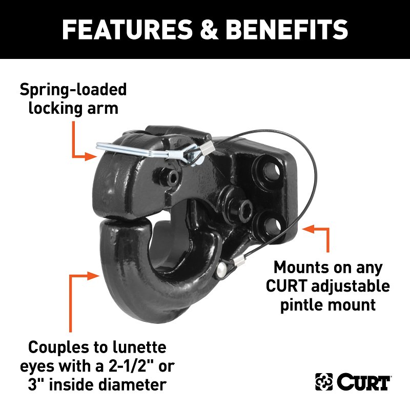 Curt 48210 Pintle Hook, 2-1/2 to 3 in Dia Eye, 20,000 lb Working Load, Steel, Carbide Powder-Coated