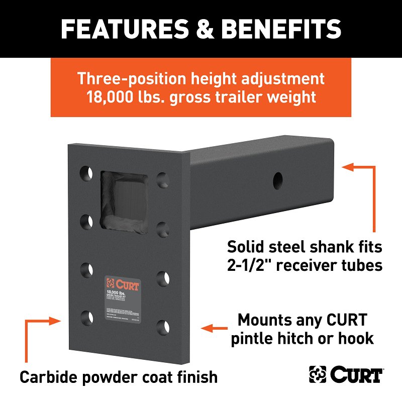 Curt 48329 Adjustable Pintle Mount, 18,000 lb, 5 in W, 7 in H, Steel, Powder-Coated