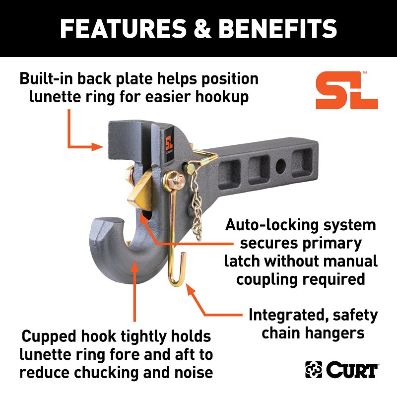 Curt SecureLatch 48405 Receiver-Mount Pintle Hook, 2 in H, 14,000 lb Working Load, Carbon Steel, Powder-Coated