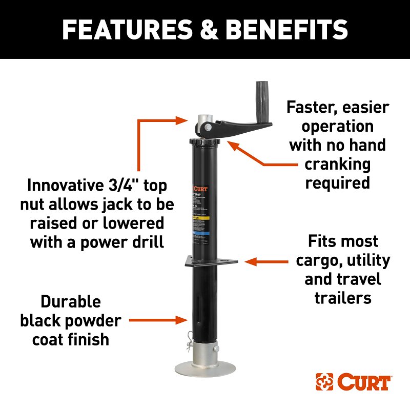 CURT Quick Drop 733926 Tongue Jack, 2000 lb Lifting, 14 in Max Lift H, 5 in OAH
