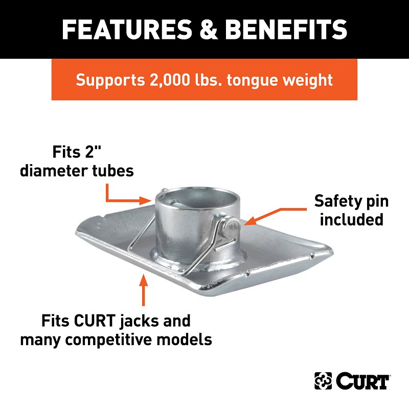Curt 28273 Jack Foot, For: 2 in Dia Tube, 2000 lb, Pin-On Locking, Steel, Clear Zinc