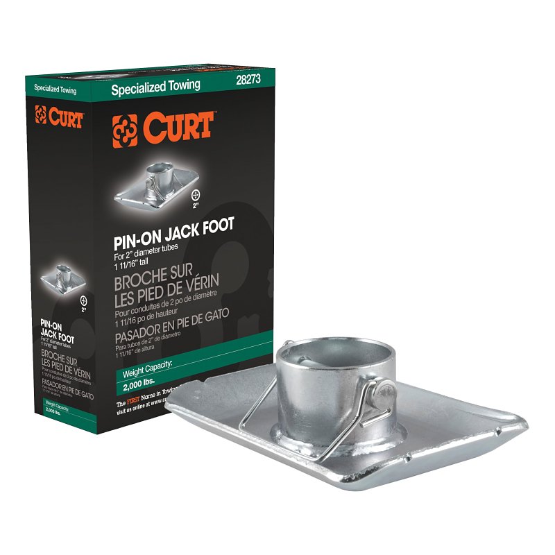 Curt 28273 Jack Foot, For: 2 in Dia Tube, 2000 lb, Pin-On Locking, Steel, Clear Zinc
