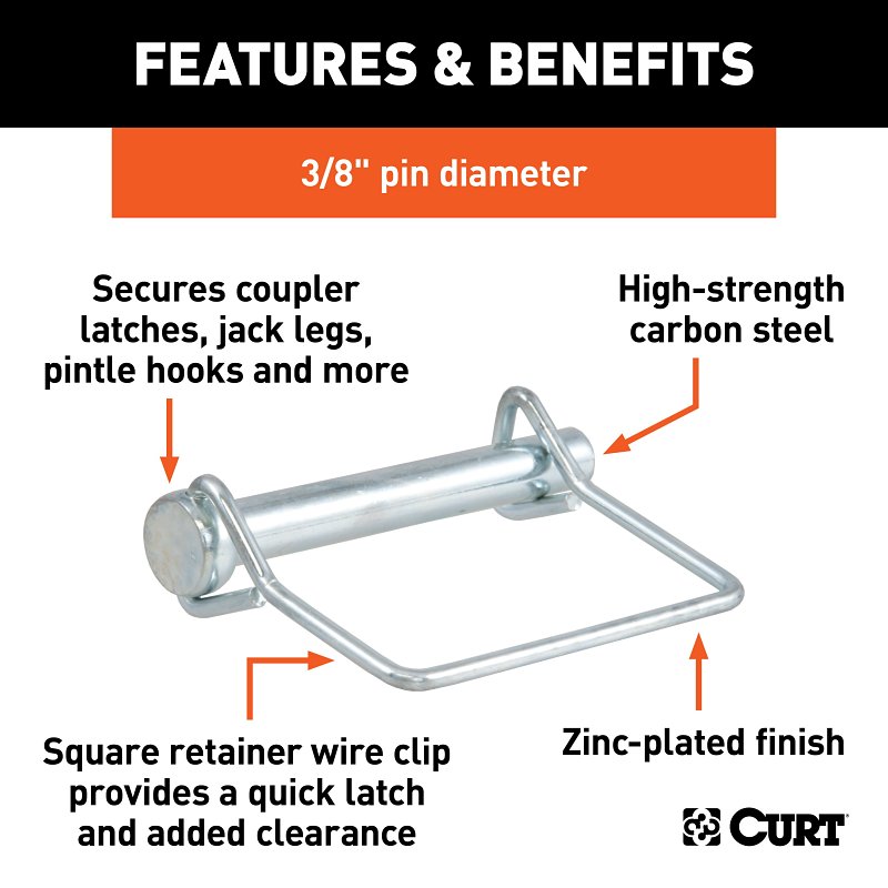 Curt 28279 Safety Pin, 3/8 in Dia Pin, 2-3/4 in OAL, Carbon Steel, Zinc