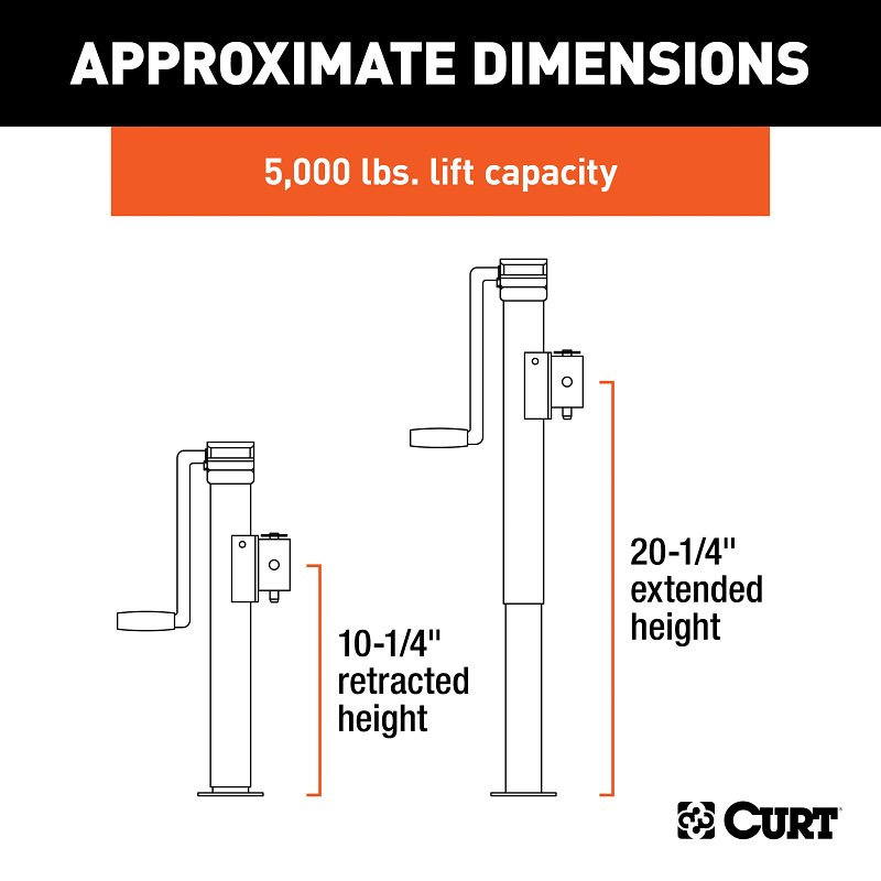 Curt 28354 Pipe-Mount Swivel Jack, 3000 lb Lifting, 10 in Max Lift H, 20-1/4 in OAH, Composite