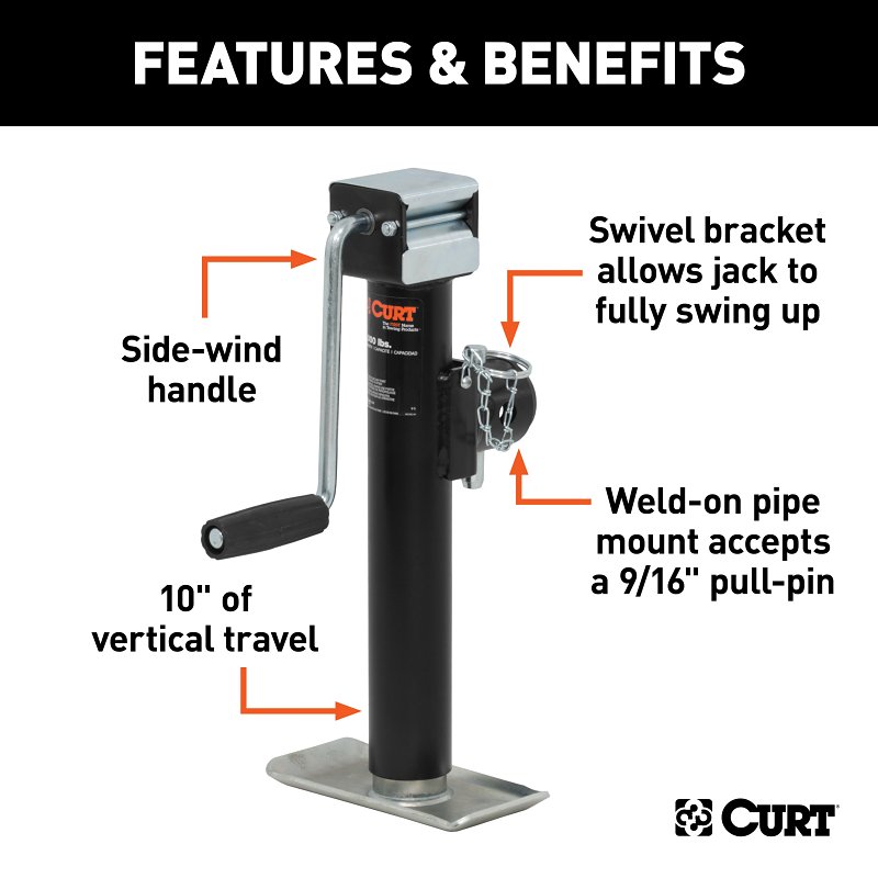 Curt 28354 Pipe-Mount Swivel Jack, 3000 lb Lifting, 10 in Max Lift H, 20-1/4 in OAH, Composite