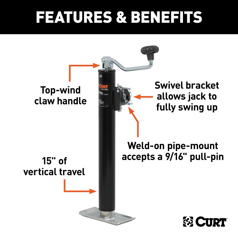 Curt 28356 Pipe-Mount Swivel Jack, 3000 lb Lifting, 15 in Max Lift H, 31-1/2 in OAH, Composite