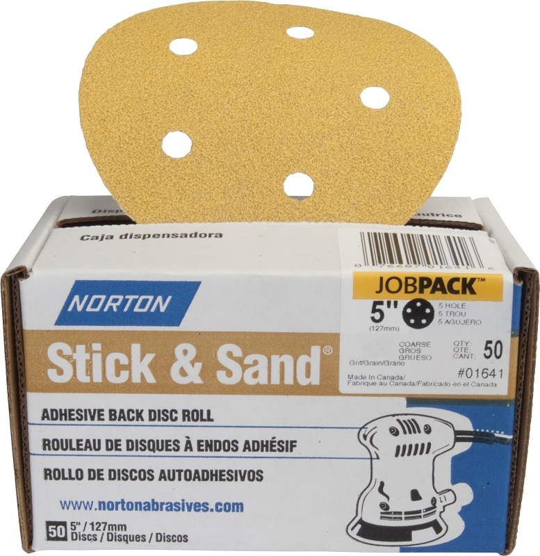 Norton Stick & Sand Series 07660701641 Sanding Disc, 5 in Dia, Coated, 60 Grit, Coarse, Aluminum Oxide Abrasive