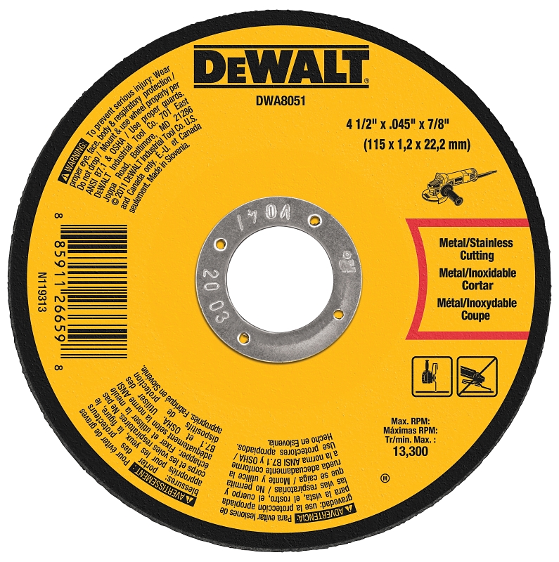 DeWALT DWA8051 Cutting Wheel, 4-1/2 in Dia, 29/64 in Thick, 7/8 in Arbor, Medium, Aluminum Oxide Abrasive