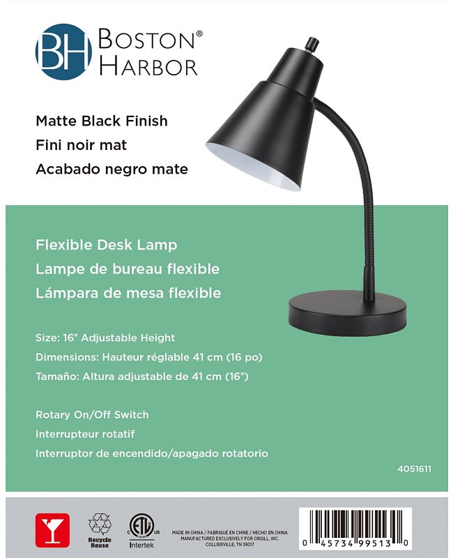 Boston Harbor TL-TB-170-BK-3L Flexible Desk Lamp, 120 V, 60 W, 1-Lamp, CFL Lamp, Black Fixture, Black
