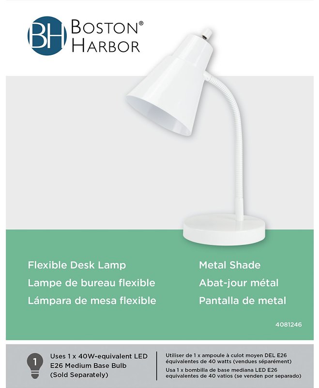 Boston Harbor TL-TB-170-WH-3L Flexible Desk Lamp, 120 V, 60 W, 1-Lamp, CFL Lamp, White Fixture, White