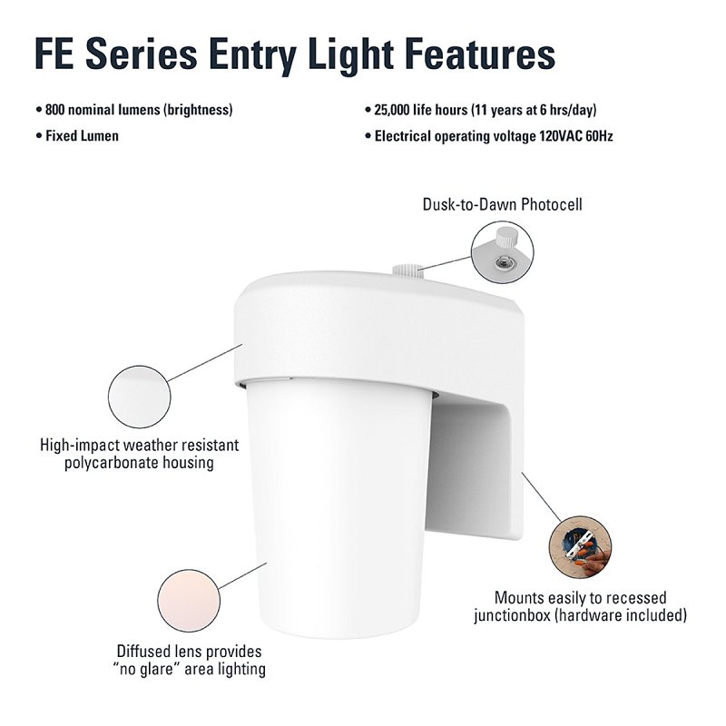 Halo FE Series FE08A40FDW Wall Sconce, 120 V, 7.9 W, LED Lamp, 977 Lumens, 4000 K Color Temp, Polycarbonate Fixture
