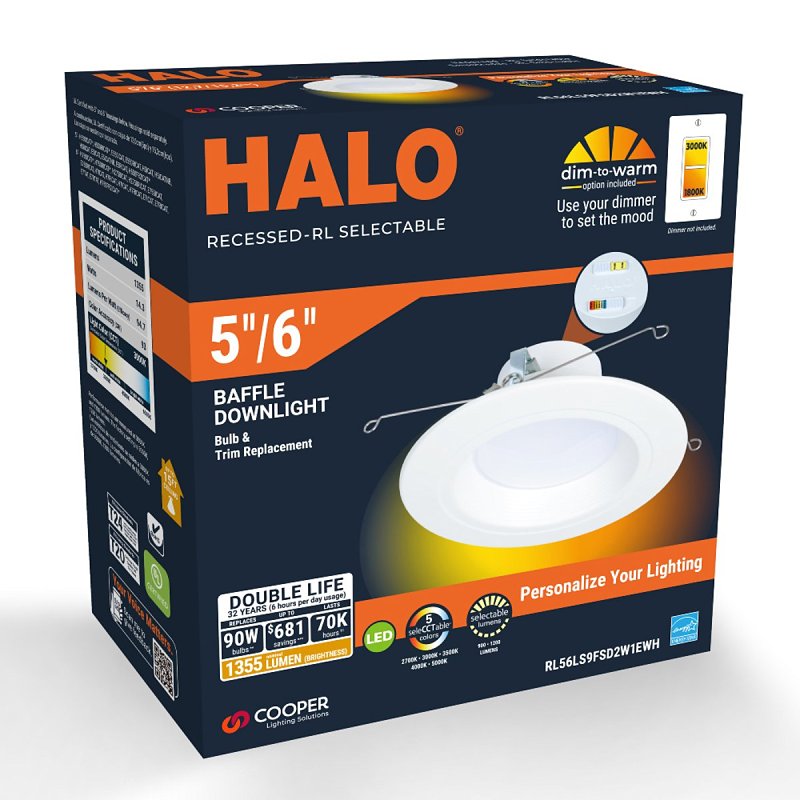 Halo RL RL56LS9FSD2W1EWH Down Light, 14.3 W, 120 V, Aluminum/Steel, White, Matte