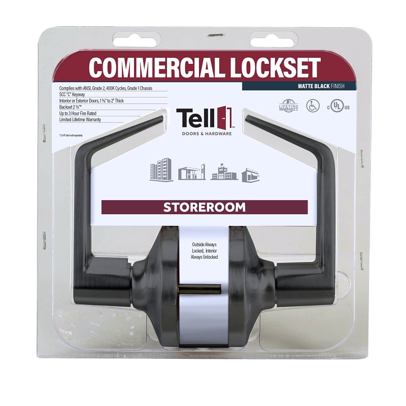 Tell Manufacturing LC2400 Series CL102905 Storeroom Lever, Lever Handle, Matte Black, Commercial, 2 Grade, C Keyway