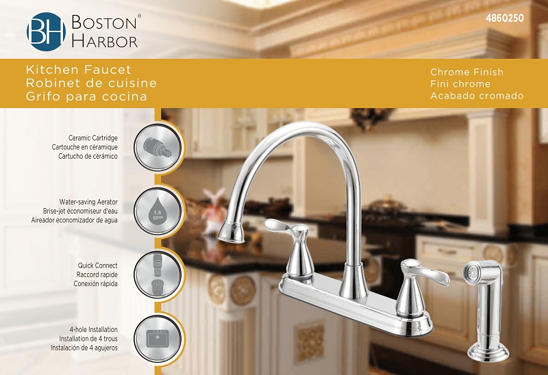 Boston Harbor F8210001CP Kitchen Faucet, 1.8 gpm, 4-Faucet Hole, Metal/Plastic, Chrome Plated, Deck Mounting