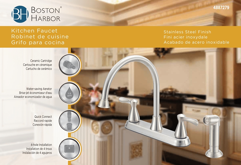 Boston Harbor F8210001NP Kitchen Faucet, 1.8 gpm, 4-Faucet Hole, Metal/Plastic, Stainless Steel, Deck Mounting