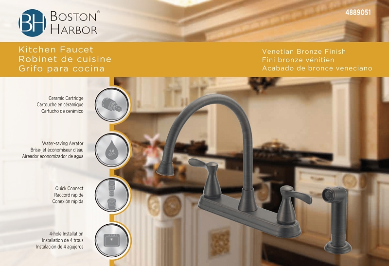 Boston Harbor F8210001RW Kitchen Faucet, 1.8 gpm, 4-Faucet Hole, Metal/Plastic, Venetian Bronze, Deck Mounting