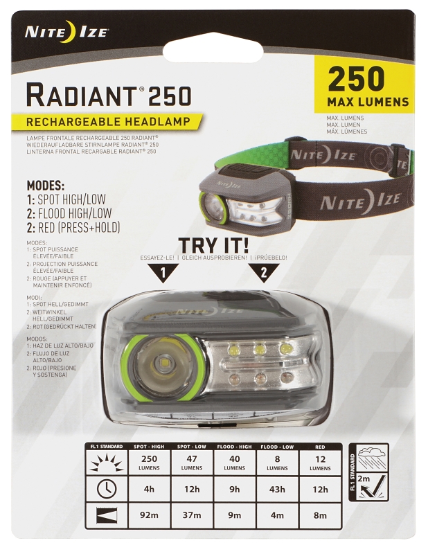 Nite Ize Radiant R250RH-17-R7 Rechargeable Headlamp, Lithium Battery, LED Lamp, 250 Lumens, Flood, Spot Beam