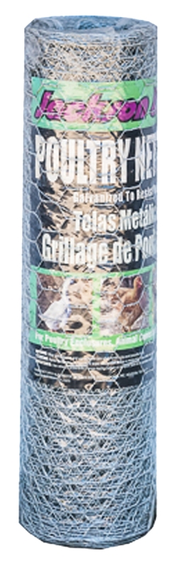 Jackson Wire 12 01 22 16 Poultry Netting, 50 ft L, 18 in W, 20 ga Gauge, Hexagonal Mesh, 1 in Mesh, Galvanized