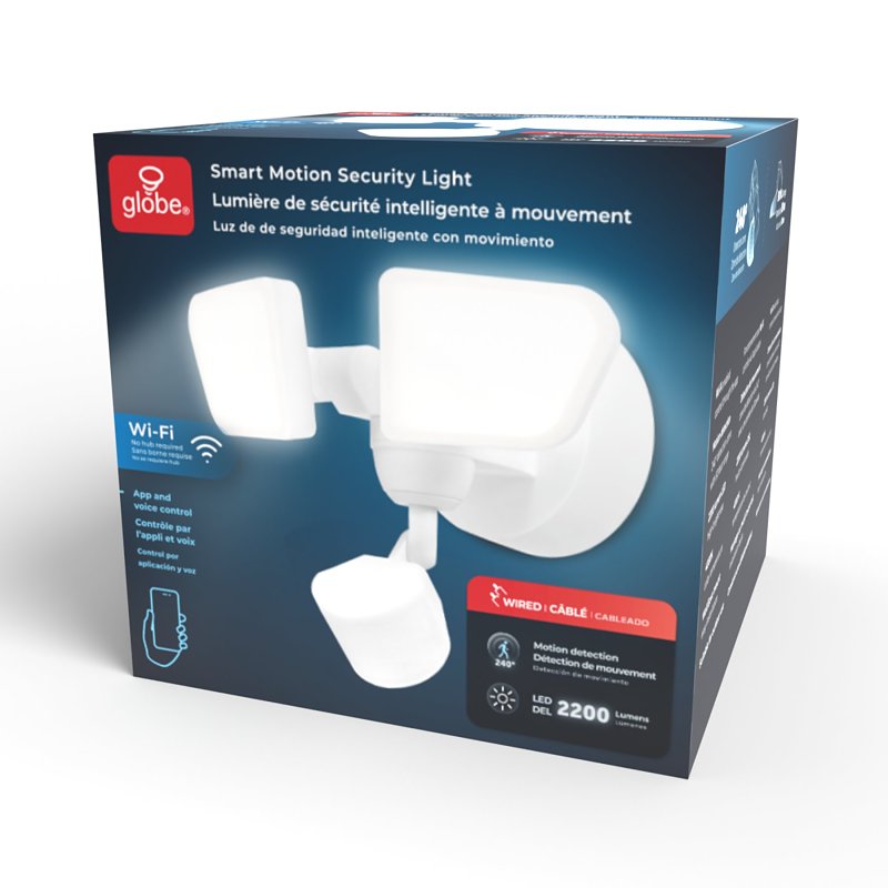 globe 17000274 Wi-Fi Smart Motion Security Light, LED Lamp, Bright White, 2200 Lumens, 4000 K Color Temp, White Fixture