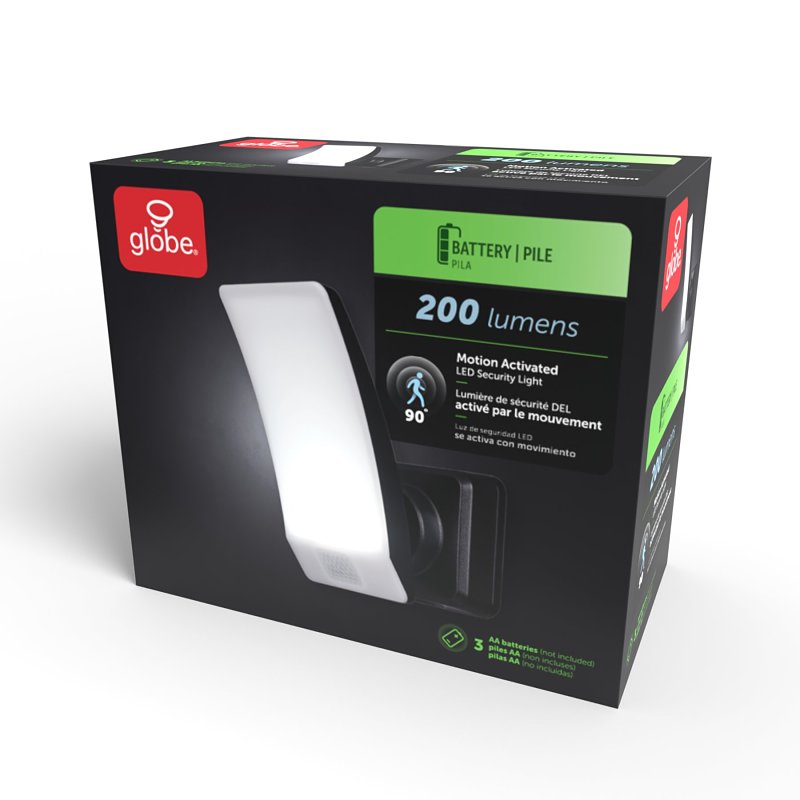 globe 17000146 Motion Activated Flood Light, 3.6 V, 1-Lamp, LED Lamp, 200 Lumens, 5000 K Color Temp, Plastic Fixture