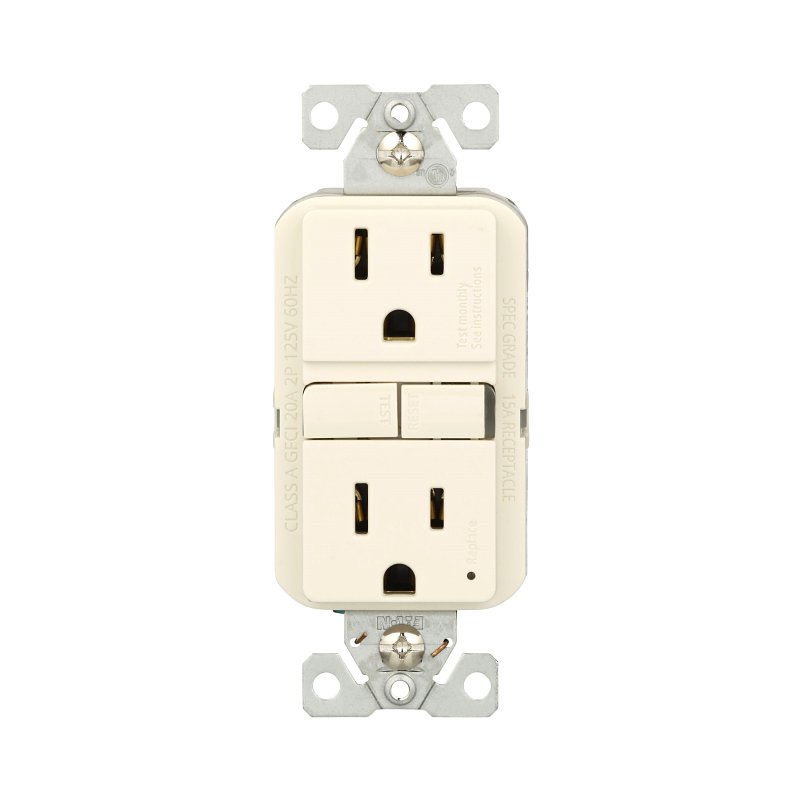 Eaton GF15LA Self-Test GFCI Receptacle, 125 V, 15 A, NEMA: NEMA 5-15R, Back, Side Wiring, Light Almond