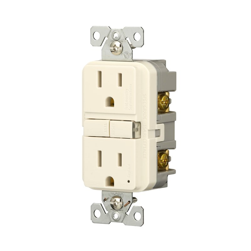 Eaton GF15LA Self-Test GFCI Receptacle, 125 V, 15 A, NEMA: NEMA 5-15R, Back, Side Wiring, Light Almond