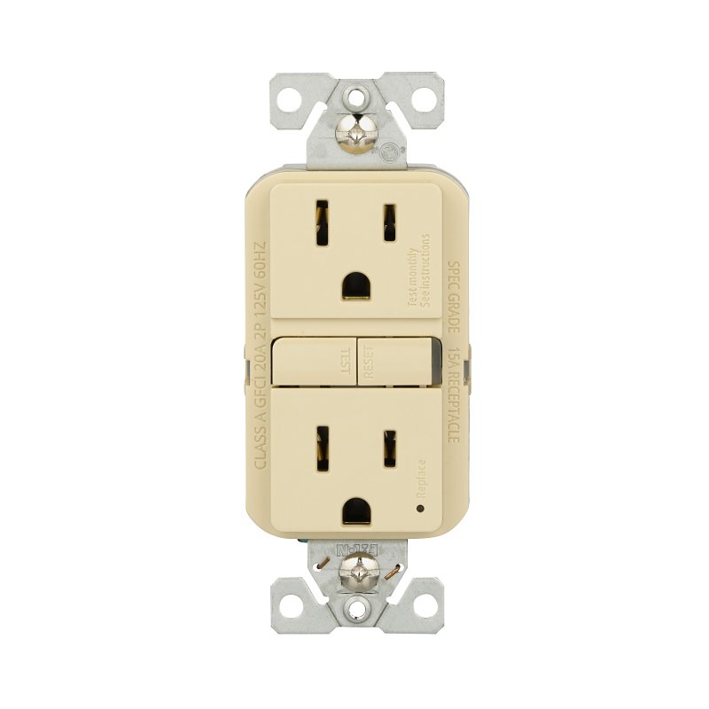 Eaton GF15V GFCI Receptacle, 125 V, 15 A, NEMA: NEMA 5-15R, Back, Side Wiring, Ivory