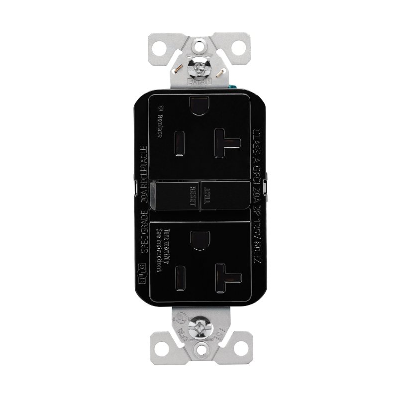 Eaton GF20BK GFCI Receptacle, 125 V, 20 A, NEMA: NEMA 5-20R, Back, Side Wiring, Black