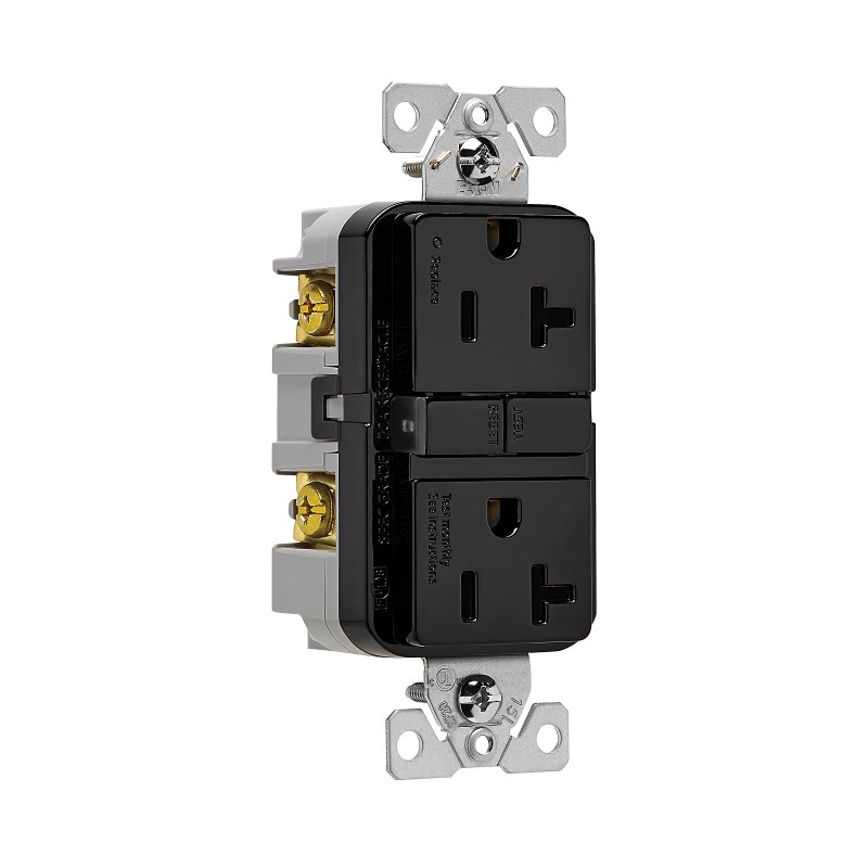 Eaton GF20BK GFCI Receptacle, 125 V, 20 A, NEMA: NEMA 5-20R, Back, Side Wiring, Black