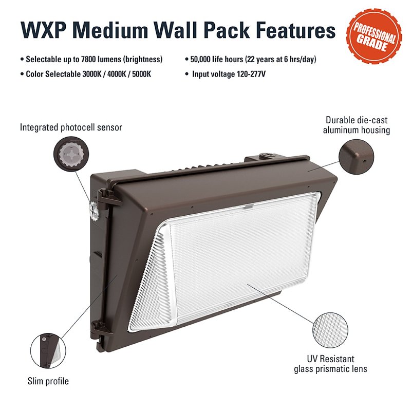 Halo WXP WXPM80LSFSUNVDBZ Wall Pack, 120/277 V, 60 W, LED Lamp, 7520 Lumens, 5000 K Color Temp, Aluminum Fixture