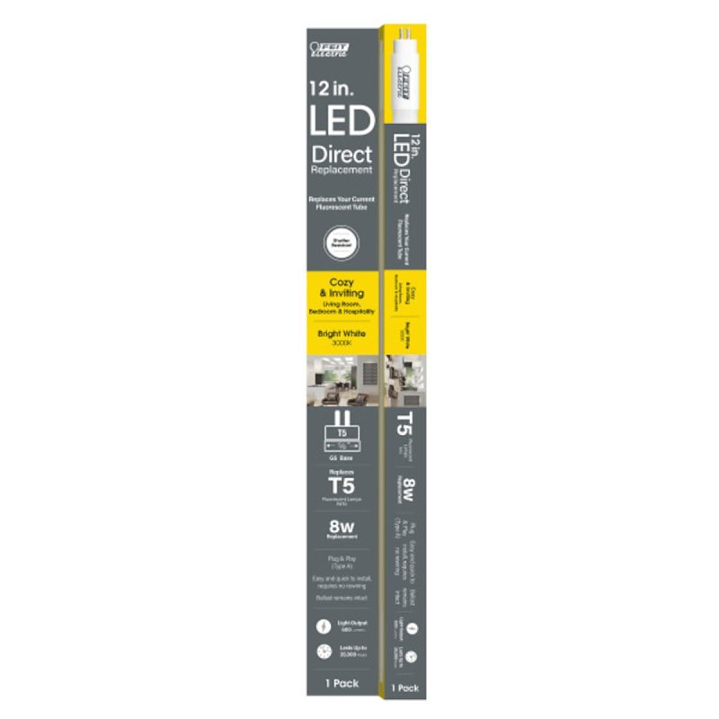 Feit Electric T512/830/LED LED Light Bulb, Direct Replacement, T5 Lamp, 8 W Equivalent, G5 Lamp Base, Non-Dimmable