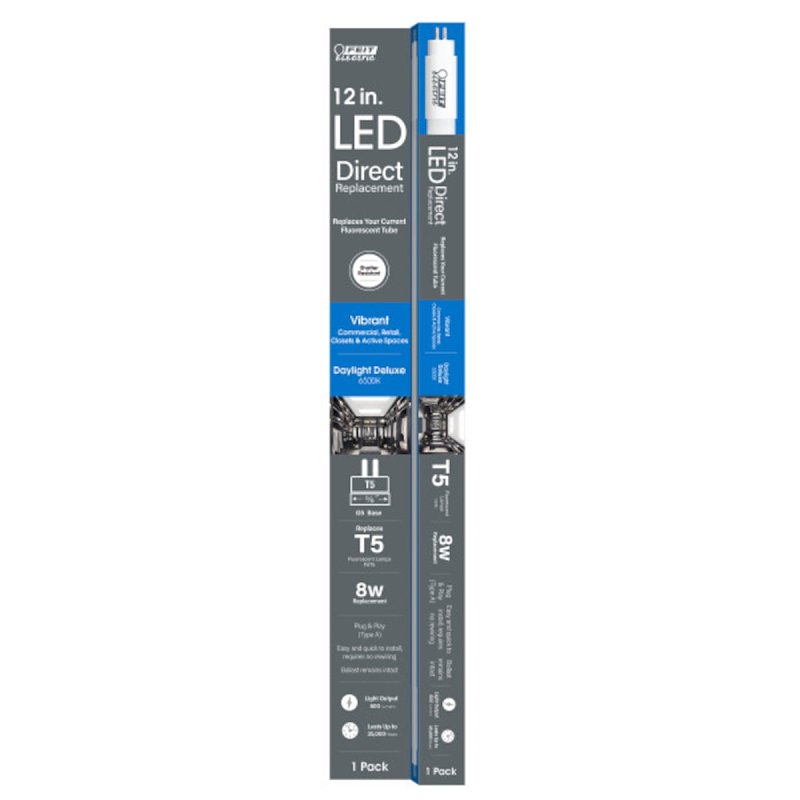 Feit Electric T512/865/LED LED Linear Tube, Direct Replacement, T5 Lamp, 8 W Equivalent, G5 Lamp Base, Non-Dimmable