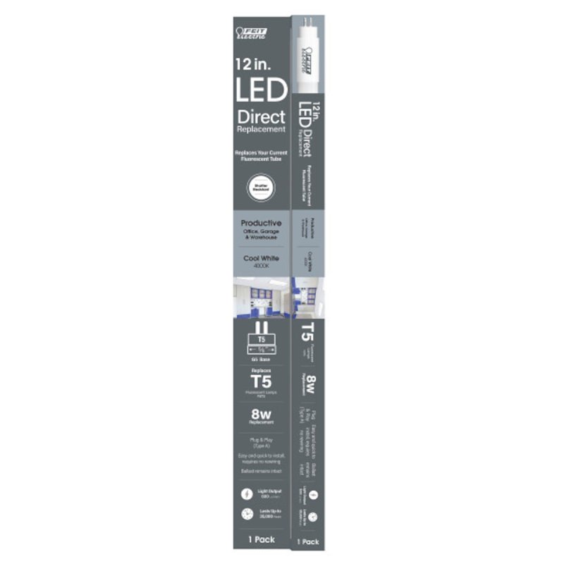 Feit Electric T512/840/LED LED Linear Tube, Direct Replacement, T5 Lamp, 8 W Equivalent, G5 Lamp Base, Non-Dimmable